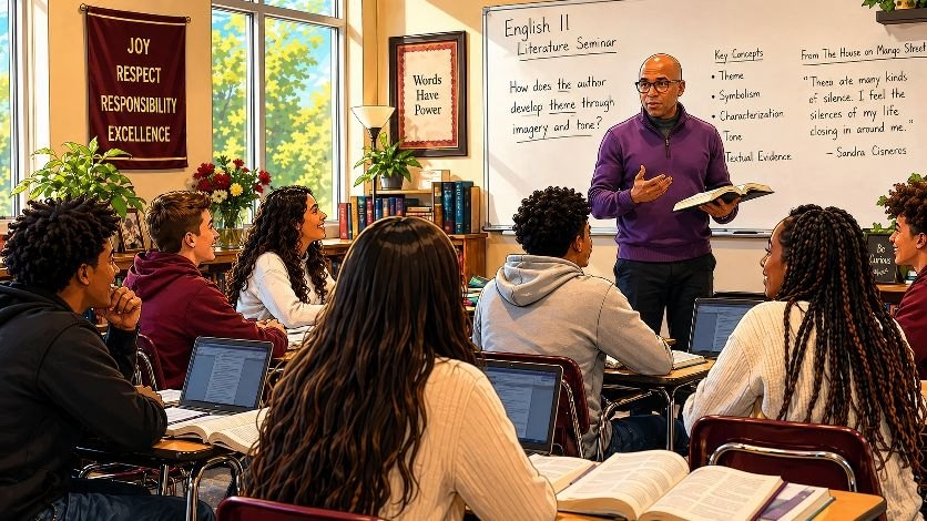Drew Snow leading an English II Literature Seminar, students gathered around laptops and books while he discusses theme, symbolism, characterization, tone, and textual evidence in front of a whiteboard.