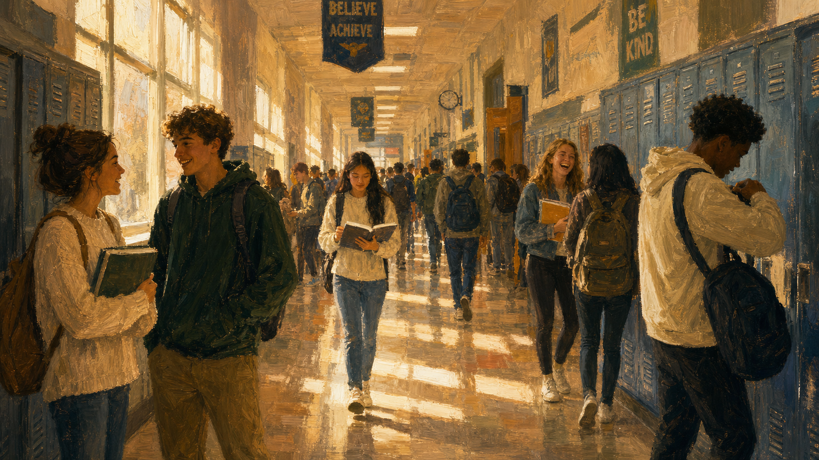 Painterly illustration of a warmly lit high school hallway between classes — diverse students walking, talking, holding books, leaning against lockers, sunlight pouring across the polished floor.